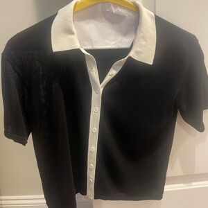 Monrow Sheer black and white collar top
